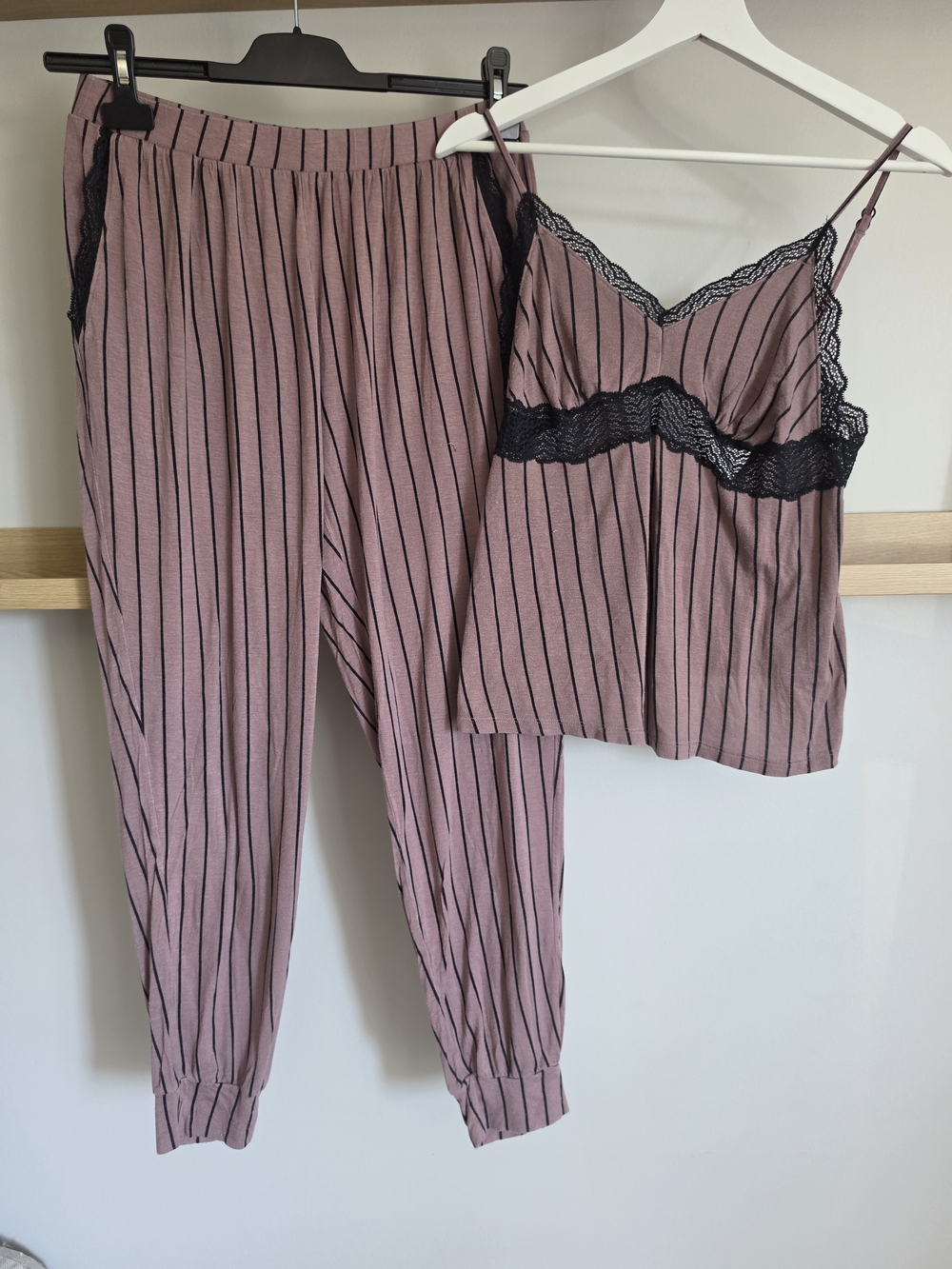 La Vie En Rose Mauve & Black Striped Lace Cami and Jogger Pajama Set